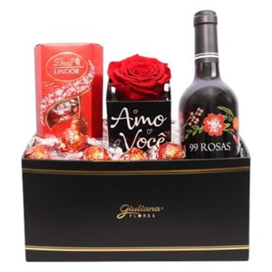Imagem de Cesta com Vinho Tinto 99 Rosas Cabernet e Rosa Encantada Amo Você