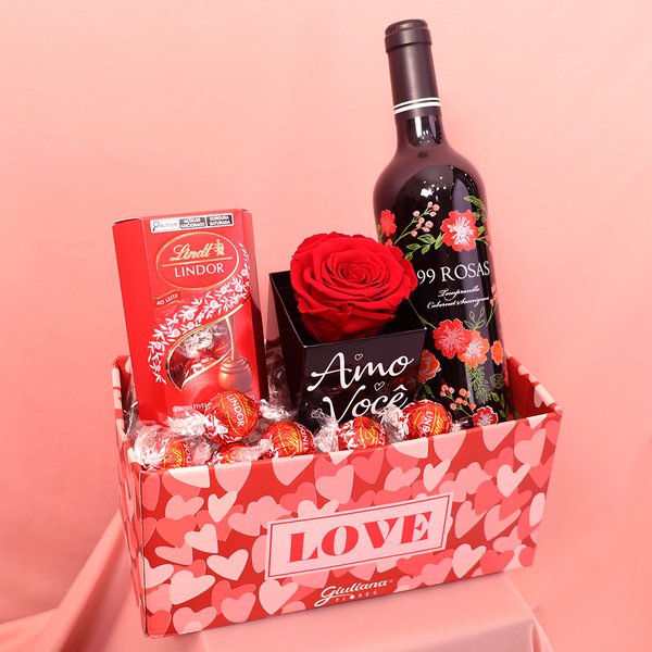 Cesta Love com Vinho Tinto 99 Rosas Cabernet e Rosa Encantada Amo Você