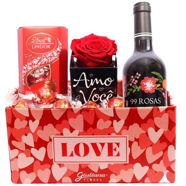 Cesta Love com Vinho Tinto 99 Rosas Cabernet e Rosa Encantada Amo Você