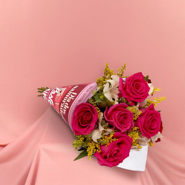 Buquê Encanto com 5 Rosas Pink Namorados