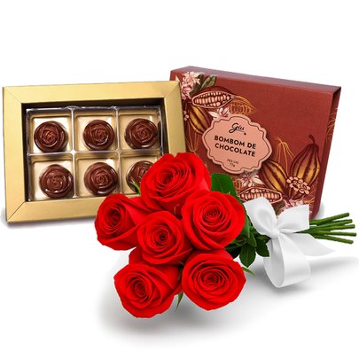 Buquê de 6 Rosas Vermelhas e Caixa de Bombom de Chocolate - Giuliana Flores