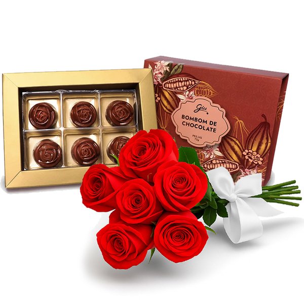 Buquê de 6 Rosas Vermelhas e Caixa de Bombom de Chocolate - Giuliana Flores
