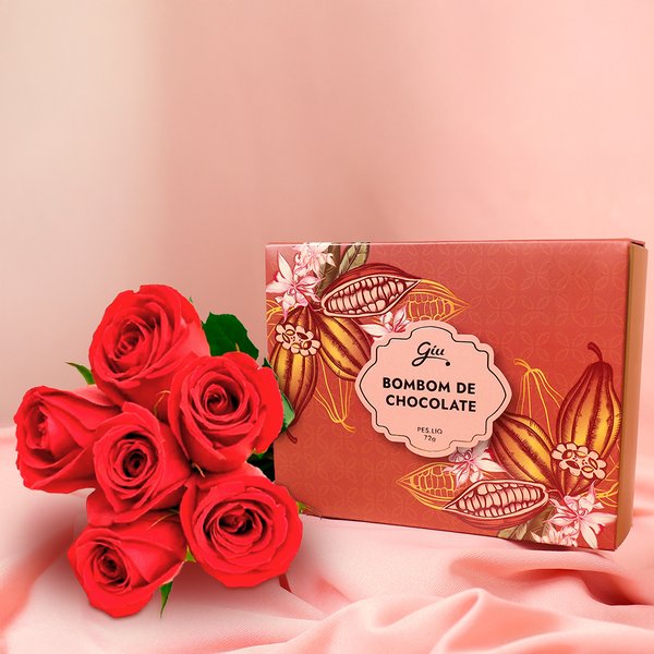 Buquê de 6 Rosas Vermelhas e Caixa de Bombom de Chocolate - Giuliana Flores