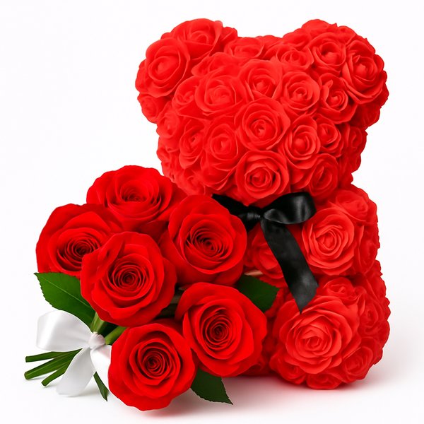 Urso Teddy e Buquê com 6 Rosas Vermelhas