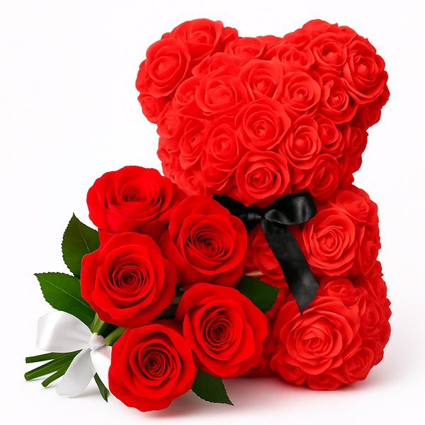 Urso Teddy e Buquê com 6 Rosas Vermelhas
