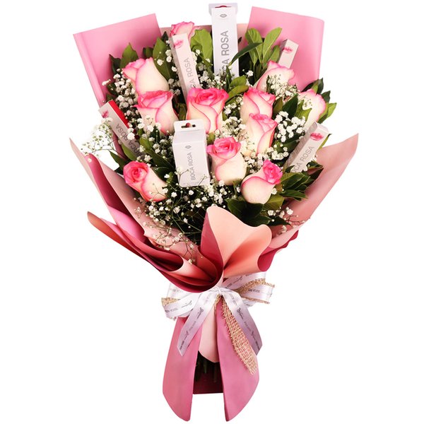 Buquê de Rosas Cor de Rosa e Kit Boca Rosa