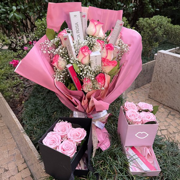 Buquê de Rosas Cor de Rosa e Kit Boca Rosa