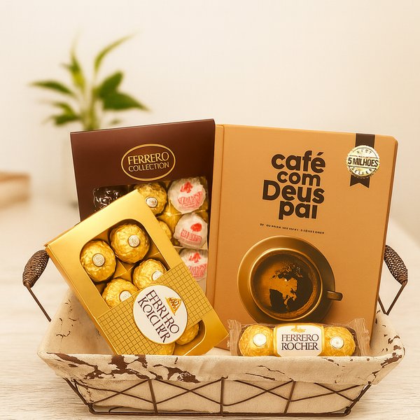 Cesta de Chocolates Ferrero Rocher e Livro Café com Deus Pai