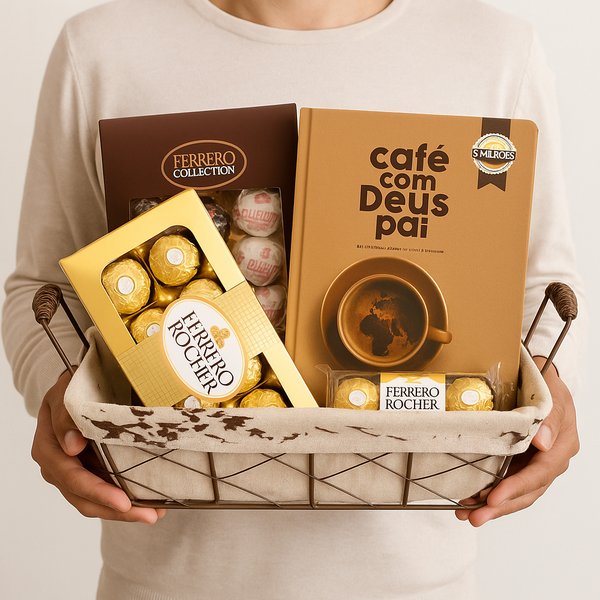 Cesta de Chocolates Ferrero Rocher e Livro Café com Deus Pai
