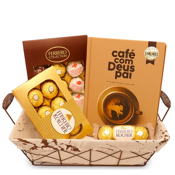 Cesta de Chocolates Ferrero Rocher e Livro Café com Deus Pai