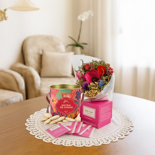 Buquê de Flores Secas e Chá Villa Piva e Biscoito Giuliana Flores
