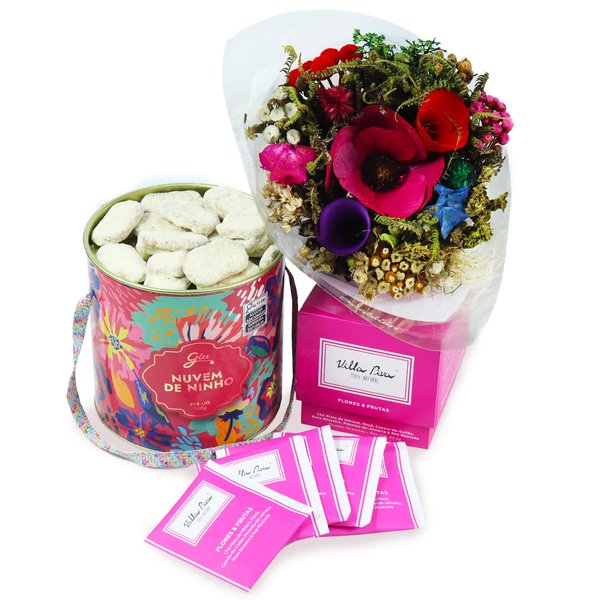 Buquê de Flores Secas e Chá Villa Piva e Biscoito Giuliana Flores