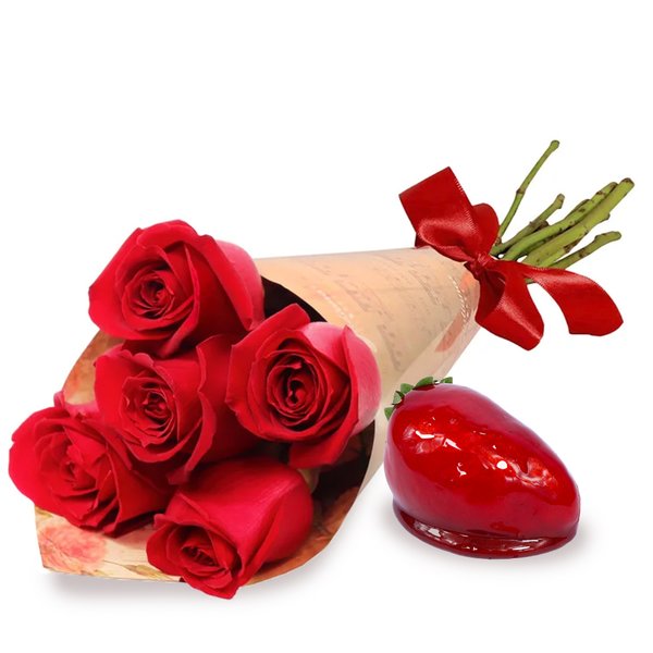 Buquê Partitura de Rosas Vermelho e Morango do Amor
