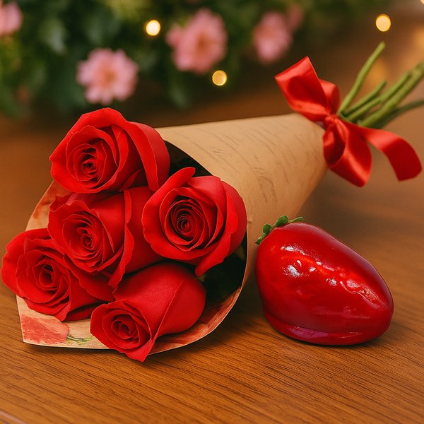 Buquê Partitura de Rosas Vermelho e Morango do Amor