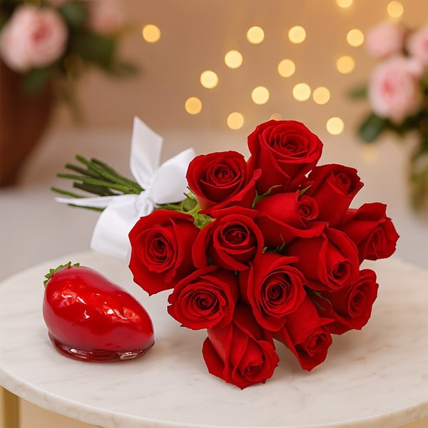 Buquê de 12 Rosas Vermelhas e Morango do Amor