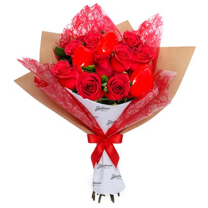Buquê com Rosas Vermelhas e Morango do Amor