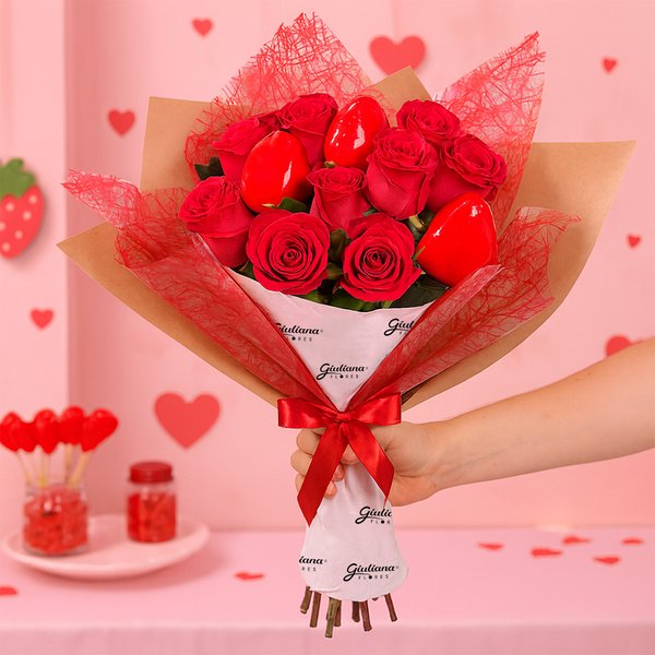 Buquê com Rosas Vermelhas e Morango do Amor