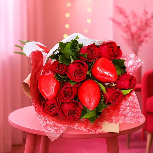 Buquê com Rosas Vermelhas e Morango do Amor
