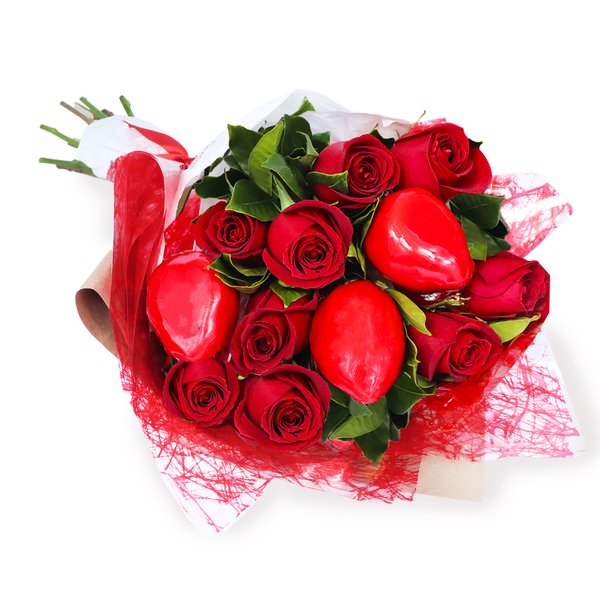 Buquê com Rosas Vermelhas e Morango do Amor