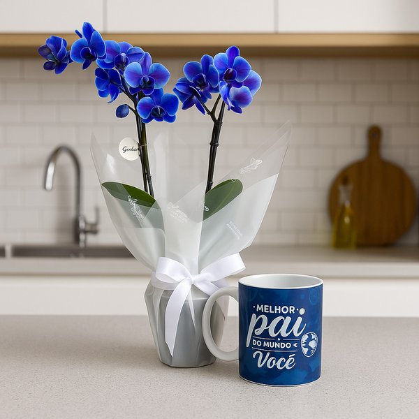 Mini Orquídea Rara Azul na Caneca