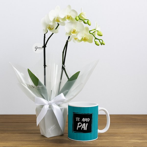Mini Orquídea Rara branca na caneca