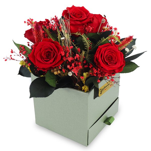 Box Surpresa 5 Rosas Encantadas Vermelhas