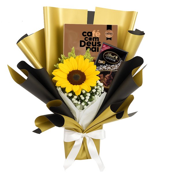 Girassol Radiante com Livro Café com Deus Pai e Chocolate
