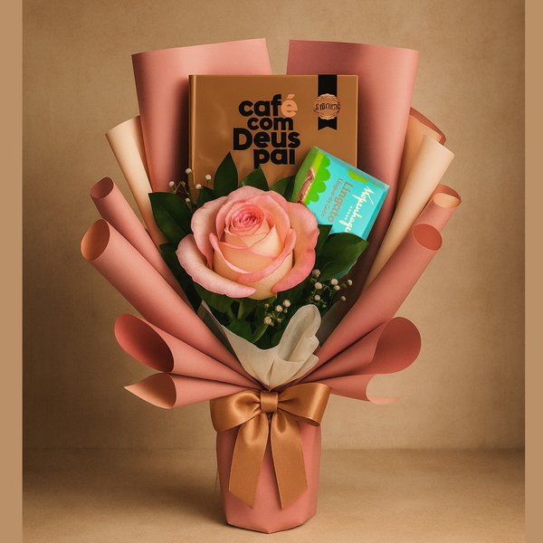Rosa Cor de Rosa Suave com Livro Café com Deus Pai e Chocolate