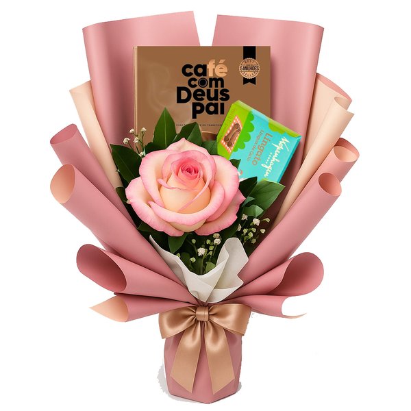 Rosa Cor de Rosa Suave com Livro Café com Deus Pai e Chocolate