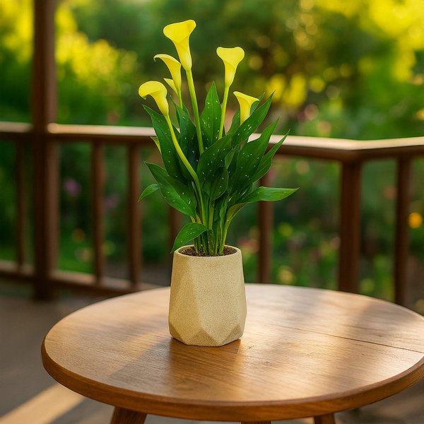 Callas Amarelo Plantado no Vaso Relevo Bege