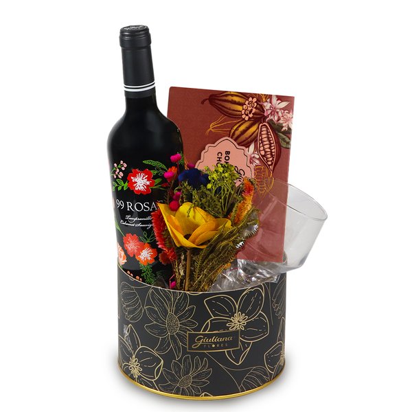 Box Luxo com Vinho Tinto 99 Rosas e Caixa de Bombons