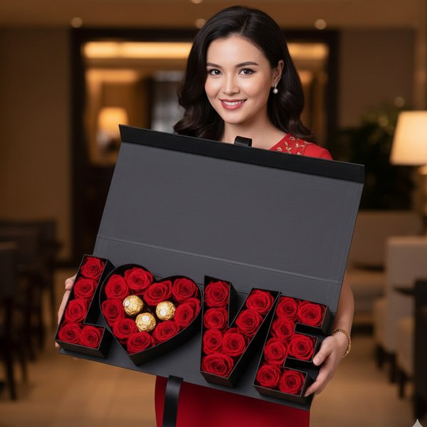 Caixa Love Luxo com Rosas Encantadas e Ferrero Rocher