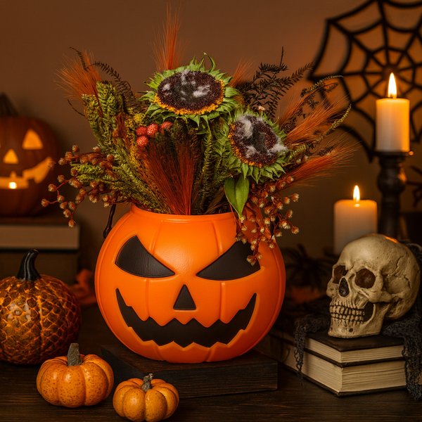 Arranjo de Halloween Flores na Abóbora
