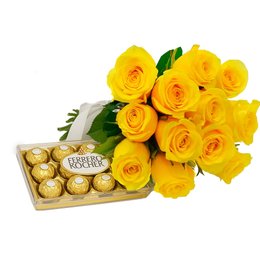 Imagem de Buquê de 12 Rosas Amarelas e Ferrero