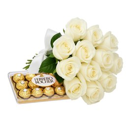 Imagem de Buquê de 12 Rosas Brancas e Ferrero