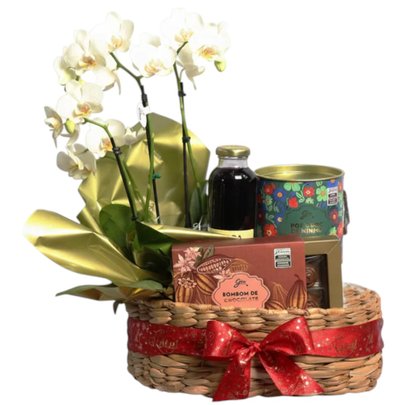 Cesta com Orquídea Branca e Bombom e Pipoca Giuliana Flores