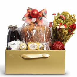 Imagem de Cesta Natal de Ouro com Buquê de Flores Secas e Panettone