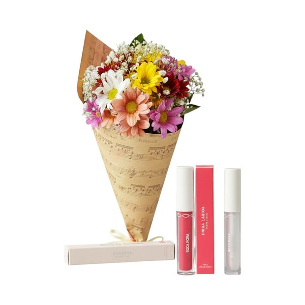 Buquê Partitura Flores do Campo e Kit Hidra Lábios Boca Rosa