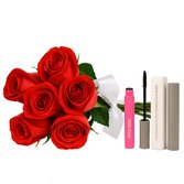 Buquê de 6 Rosas Vermelhas e Kit Máscaras Boca Rosa