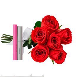 Imagem de Buquê de 6 Rosas Vermelhas e Kit Máscaras Boca Rosa