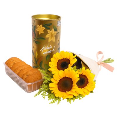 Buquê Partitura Girassol e Lata Cookie Speculoos Biscoitê