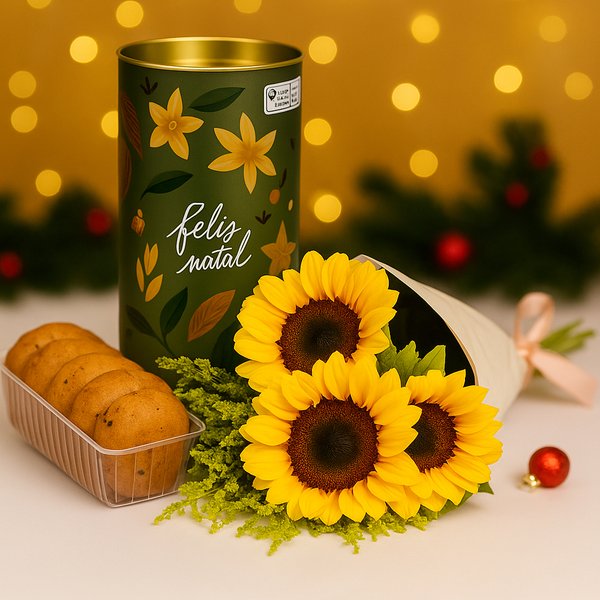 Buquê Partitura Girassol e Lata Cookie Speculoos Biscoitê