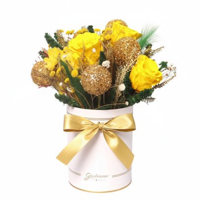 Arranjo Dourado com Flor Seca e Rosa Encantada