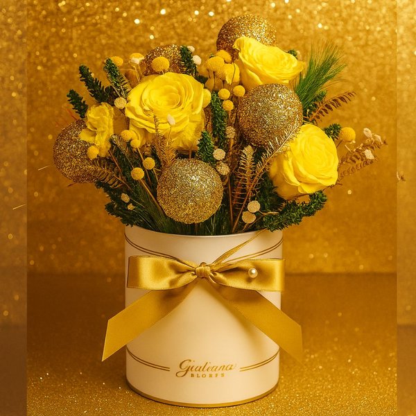Arranjo Dourado com Flor Seca e Rosa Encantada