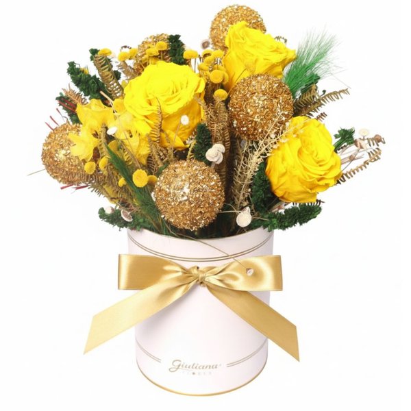 Arranjo Dourado com Flor Seca e Rosa Encantada
