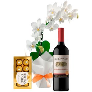 Imagem de Mini Orquídea Rara Branca e Ferrero Rocher e Vinho