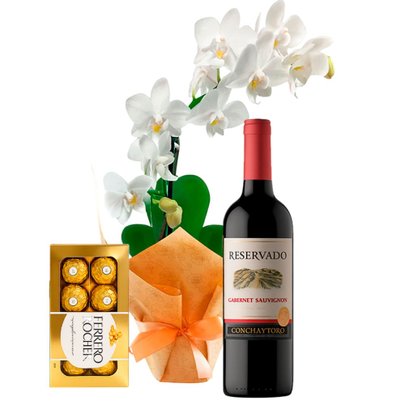 Mini Orquídea Rara Branca e Ferrero Rocher e Vinho