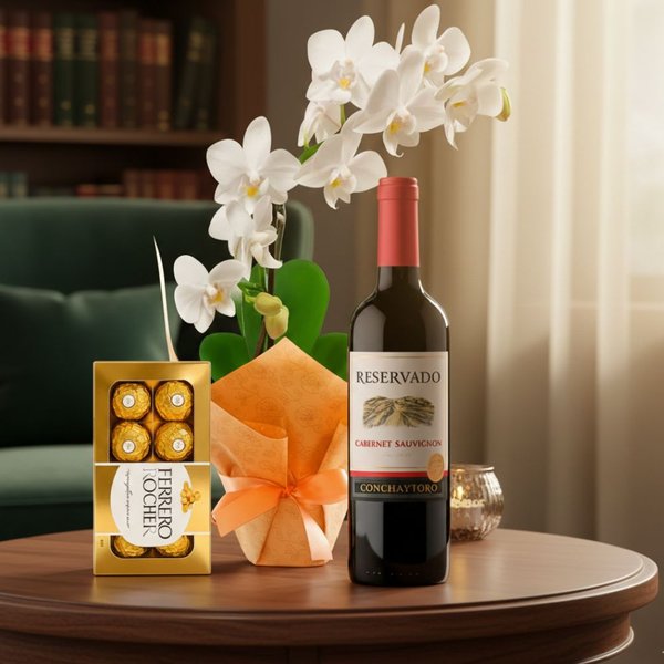 Mini Orquídea Rara Branca e Ferrero Rocher e Vinho