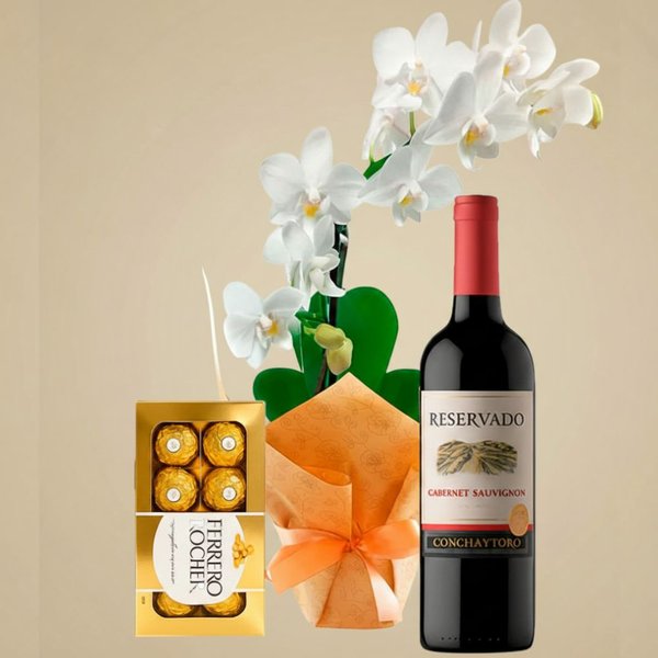 Mini Orquídea Rara Branca e Ferrero Rocher e Vinho