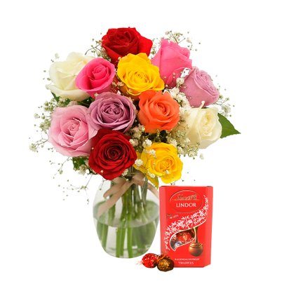 Elegância das Rosas Coloridas e Caixa de Bombons Lindt